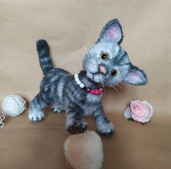 miniature knitted collectible plush kitten figurine in vintage dress