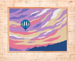 hot air balloon cross stitch pattern, modern cross stitch pdf, landscape x-stitch chart