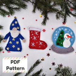 christmas gnome applique crochet pattern, snow globe applique crochet pattern, mini christmas stocking crochet pattern