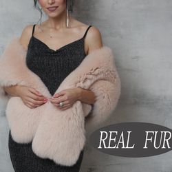 fur stole blush long real fox fur stole blush fur shawl blush fox fur large scarf fur shoulder cape bridal fur cape wrap