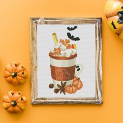 Halloween Latte , Pumpkin Cross Stitch, Cross Stitch Pattern, Latte Cross Stitch, Halloween Cross Stitch