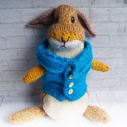 knitted rabbit peter, handmade knitted bunny, realistic wild rabbit, rabbit in a sweater