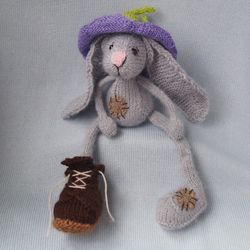 knitted hare, hare in a hat, knitted rabbit, gray hare, rabbit toy, funny rabbit, grey rabbit