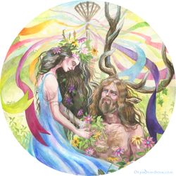 original fantasy watercolor painting "beltane", couple painting, summer solstice, fantasy art, fantasy creature