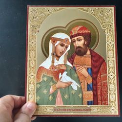 Saints Peter And Fevronia | Lithography Print On Wood, Silver And Gold Foiled | Size: 8 3/4"x7 1/4"