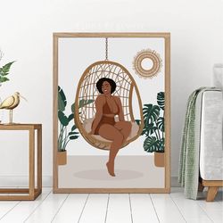 curvy black woman in swimsuit art, happy african american woman, beautiful plus size woman, digital art, body positive