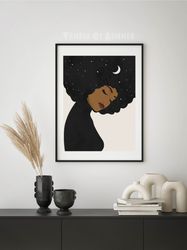 black woman art, black girl with a starry sky in her hair, natural hair art, moon and stars in hair poster