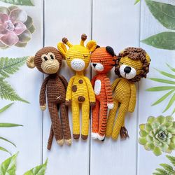 crochet patterns, amigurumi pattern, crochet animals giraffe, monkey, lion, tiger