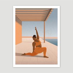 black curvy woman practice yoga at dawn, black girl art, digital, plus size melanin women poster, body positive art