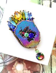 druzy brooch, quartz brooch, quartz jewelry, stone brooch, rainbow brooch, gemstone brooch, brooch pin, chrystal brooch