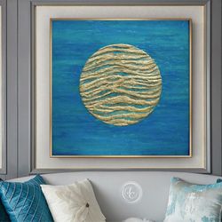 gold moon painting blue turquoise abstract original wall art 30 by 30 inch modern artwork glittery wall art