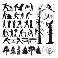 lumberjack silhouette, lumberjack svg, axe svg, chainsaw svg, saw svg, trees svg.