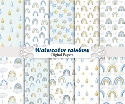 watercolor blue rainbows, seamless patterns.