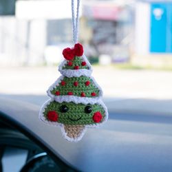 christmas tree car accessory for women, rear view mirror charm, car pendant, cute winter car hanging, crochet car charm