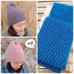 2 hats 1 scarf womens wintery set knitting patterns e-book knit cable ribbed beanie and scarf