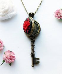 handmade unique vintage locket rose key necklace