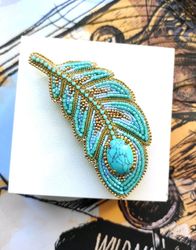 feather brooch, turquoise brooch, brooch pin, beaded brooch, mothers day, gift for friend, handmade gifts, brooch, pin