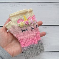 pink wool finger less gloves for kid 3-5 years old,handmade, hand knitted, wool arm warmers, soft yarn, unicorn