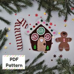 gingerbread house crochet pattern, gingerbread man crochet pattern, candy cane crochet pattern, crochet christmas card