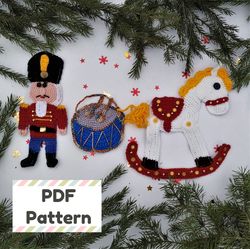 nutracker crochet pattern, rocking horse crochet pattern, drum applique crochet pattern, crochet christmas applique