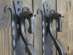 set of 2 hand forged door pulls, horse's head, wrought iron, steel gate & shed handles, entrance door pull hand