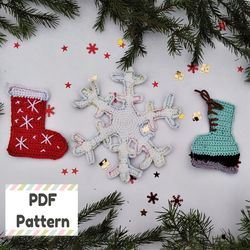 snowfake crochet pattern, mini stocking crochet pattern, skates applique crochet pattern, christmas crochet pattern