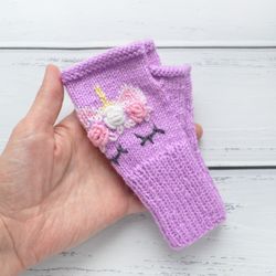 purple wool finger less gloves for kid 3-5 years old, handmade, hand knitted, wool arm warmers, soft yarn, unicorn