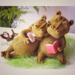 hippos felted sculpture, collectible handmade toy, for private collections