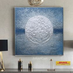 silver moon painting blue and silver abstract wall art | full moon textured artwork modern original art