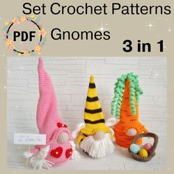 set 3 in 1 gnome crochet patterns, bee gnome, valentine gnome and carrot gnome