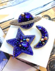 set of brooches, star brooch, moon brooch, saturn brooch, space pin, planet brooch, star and moon brooch, jewelry set