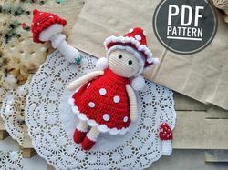 amigurumi mushroom doll crochet pattern. amigurumi doll in mushroom dress crochet pattern