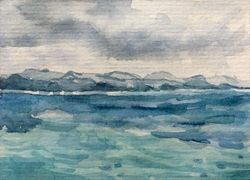 "aceo sea"  watercolor painting original wall art landscape seascape picture sea water wave artwork