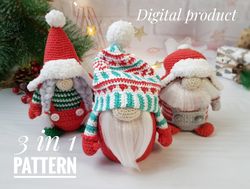 christmas crochet gnome pattern pdf set - 3 gnomes, winter holiday gnome, christmas amigurumi toy pattern