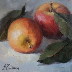 red apple oil painting, fruit painting, small oil painting still life, original oil painting for kitchen, mini painting