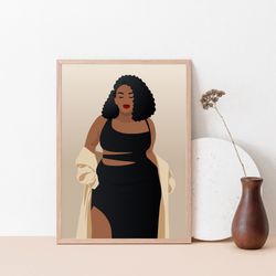 curvy black woman in black sexy dress, black girl art, black goddess, digital, plus size art, melanin women poster