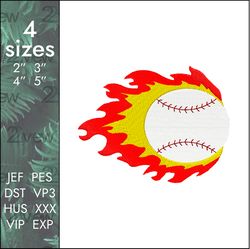 burning baseball embroidery design, ball on fire mlb, 4 sizes