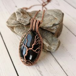 tree of life obsidian necklace. wire wrapped copper pendant with black obsidian stone.