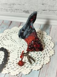 embroidered brooch with a rabbit, called "knitted sweater". with vintage scissor pendant.