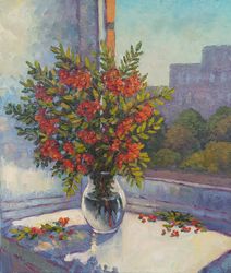 "rowan"  oil painting original art still life fruits autumn fall bouquet picture