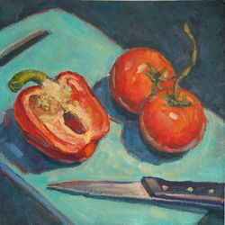 "tomatoes and peppers" oil painting original art still life red vegetables small picture