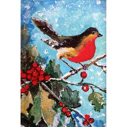 winter bird painting, christmas artwork, original acrylic painting, bird and red berries wall art