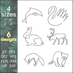 Animals Embroidery Design Pack, One Line, 6 Simple Designs, 4 Sizes