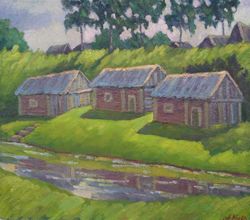 "russian baths" oil painting original art village landscape summer green picture