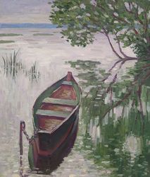 "on the lake" oil painting original art boat rain landscape picture