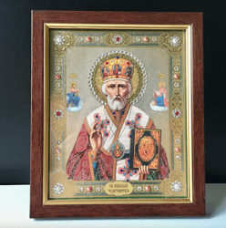 saint nicholas of myra | in wooden frame with glass | lithography icon | size: 9,5" x 7,8"