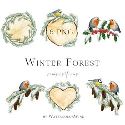 watercolor christmas woodland winter forest clipart with snow covered fir branches robin bird for instant download