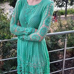 openwork dress, crocheted, mint color.