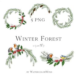 watercolor christmas wreaths png clipart with snow covered fir branches, robin birds for instant download