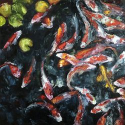 koi fish painting original art impasto carp painting lake house decor hawaiian art